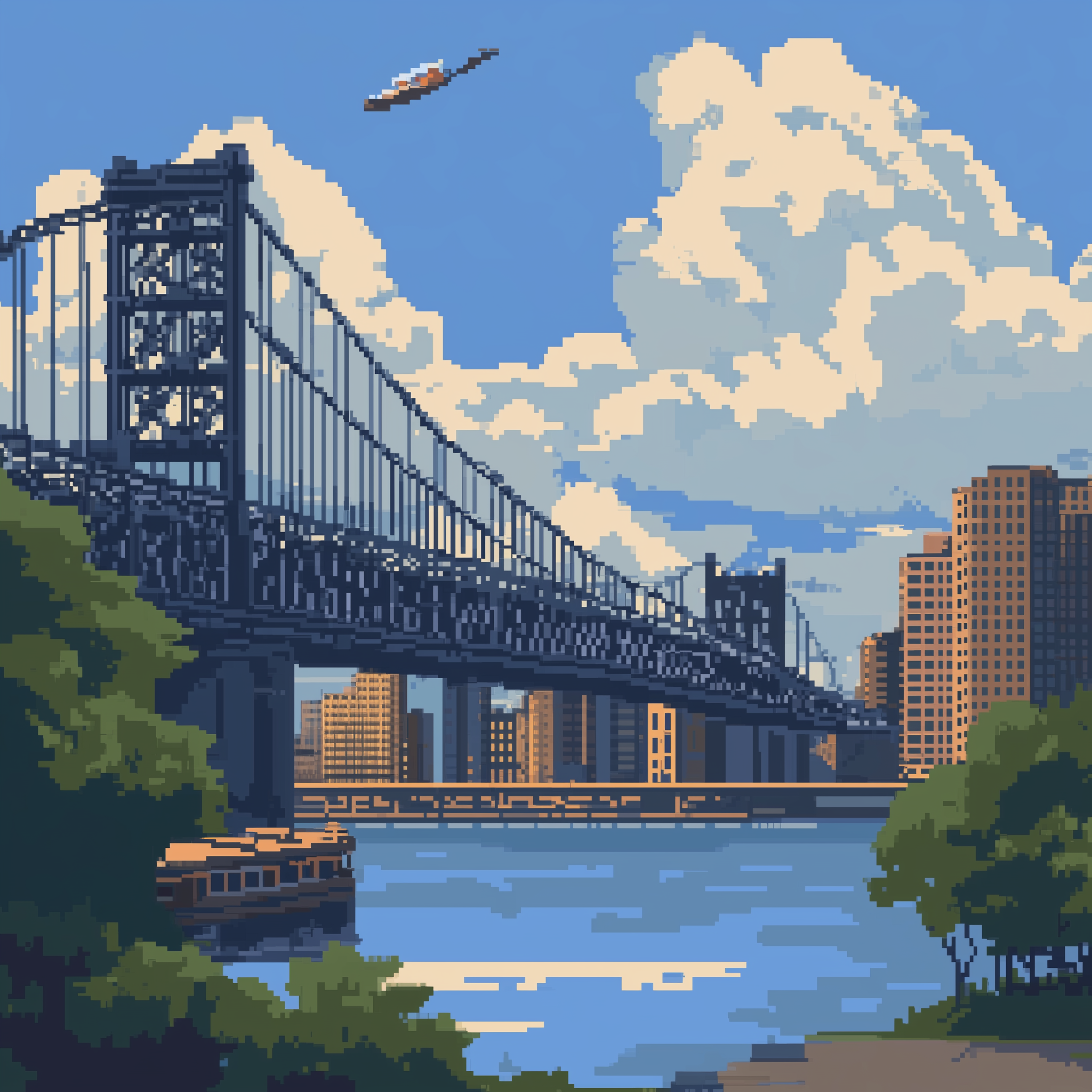 Pixelated illustration of Roosevelt Island's iconic landmarks