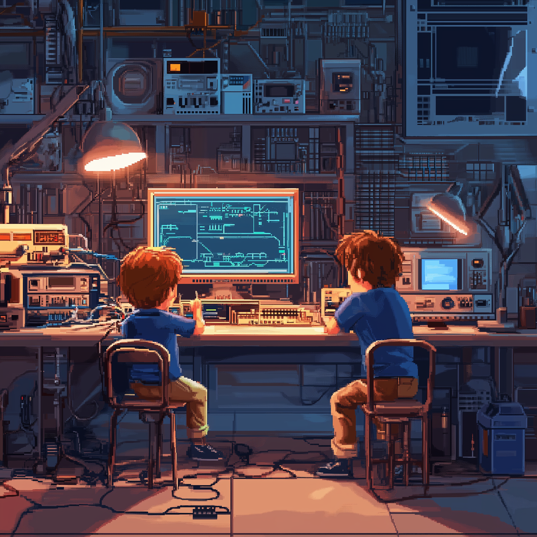 Pixel art children learning and having fun with technology